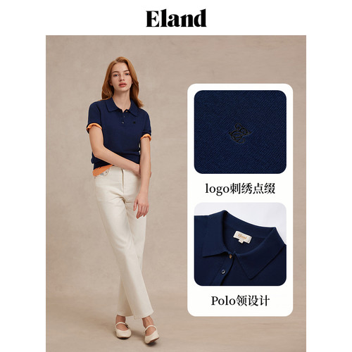 Eland衣恋女纯色休闲风polo领合身舒适短袖上衣2025夏季EEKWF23E04
