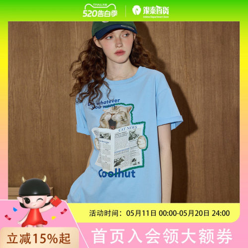 coolhut简约风报纸猫咪图案宽松短袖2025夏季女式T恤字母小众
