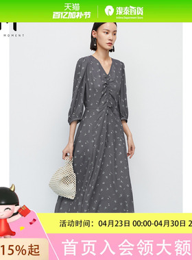 MM麦檬2022夏季法式灰色碎花雪纺a字连衣裙5D4292181