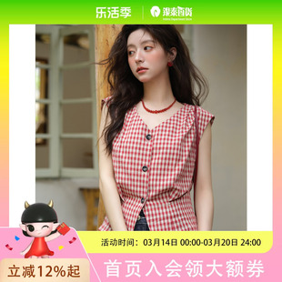 谜秀复古红色格子设计感衬衫女收腰显瘦上衣MXE37X1921
