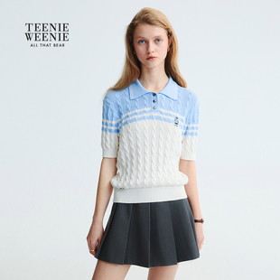 TeenieWeenie小熊女装毛针织衫2025秋季新款时髦撞色翻领针织短袖