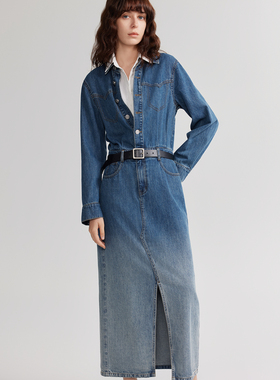 ELLE渐变牛仔衬衫连衣裙2024年秋季款法式复古风高质感直筒裙女EL48716