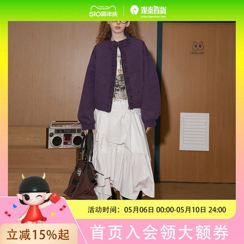COOLHUT格纹复古花边泡泡感暗格2025春季女式外套开衫拉链休闲