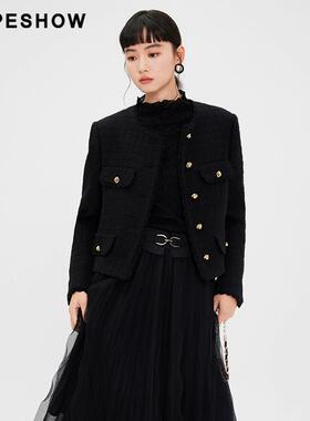 红袖商场同款HOPESHOW小香风短外套冬季女黑色肌理感上衣89123390405