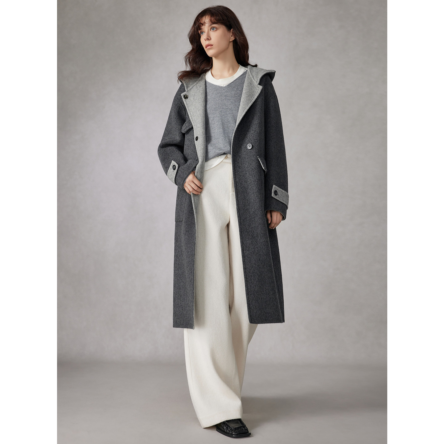 【100%绵羊毛】ELLE法式连帽双面呢大衣女2025冬新款撞色毛呢外套