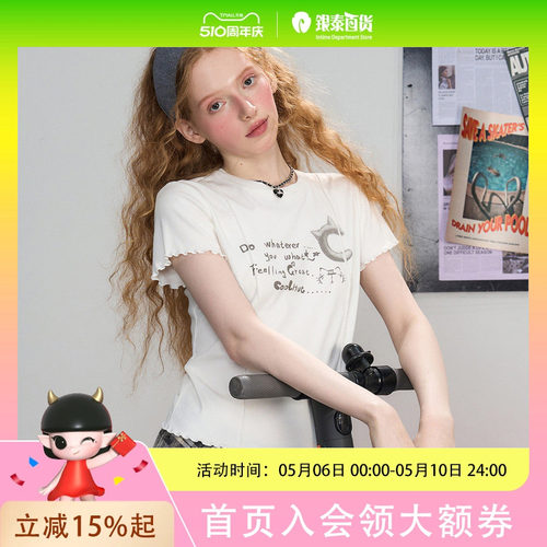 coolhut甜美蝴蝶结印花短袖T恤女2025夏新款蕾丝花边白色显瘦上衣