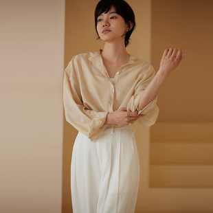 哈齿小姐 青山糯糯微粉飘逸垂感宽松亚麻不规则门襟通勤衬衫