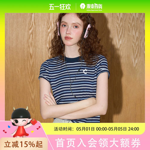 coolhut美式条纹撞色圆领复古休闲遮肉2025夏季女式T恤小众夏日