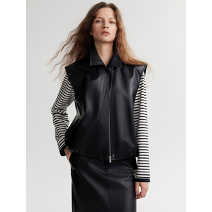 ELLE法式设计感不规则皮质马甲女2024秋季新款摩登时尚无袖上衣EB48968