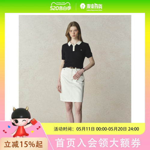 Eland衣恋 T恤女甜美polo领 撞色短袖上衣