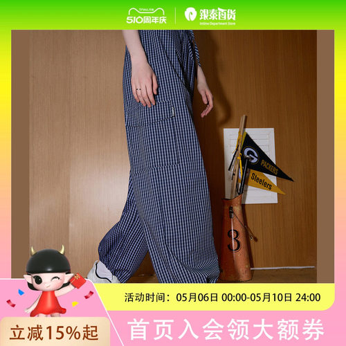 COOLHUT格子抽绳灯笼裤束脚抽绳2025夏季新款女式休闲裤宽松显瘦长裤