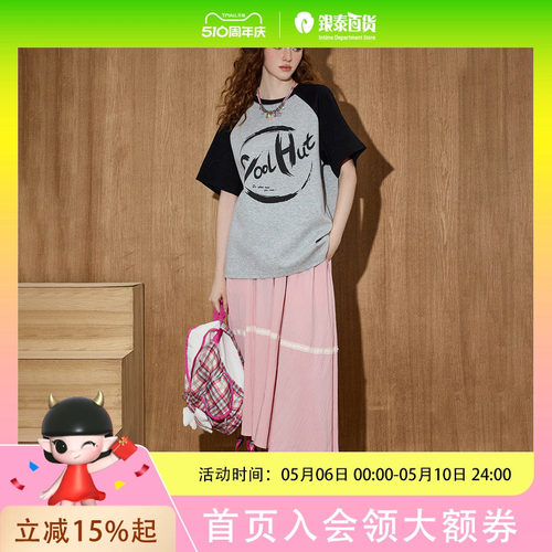 coolhut拼色字母趣味印花圆领宽松2025夏季女式T恤美式插肩袖