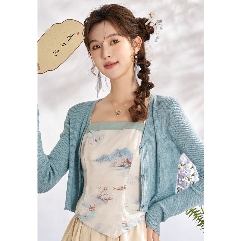 谜秀春款新中式水墨画吊带背心MXD11D0024