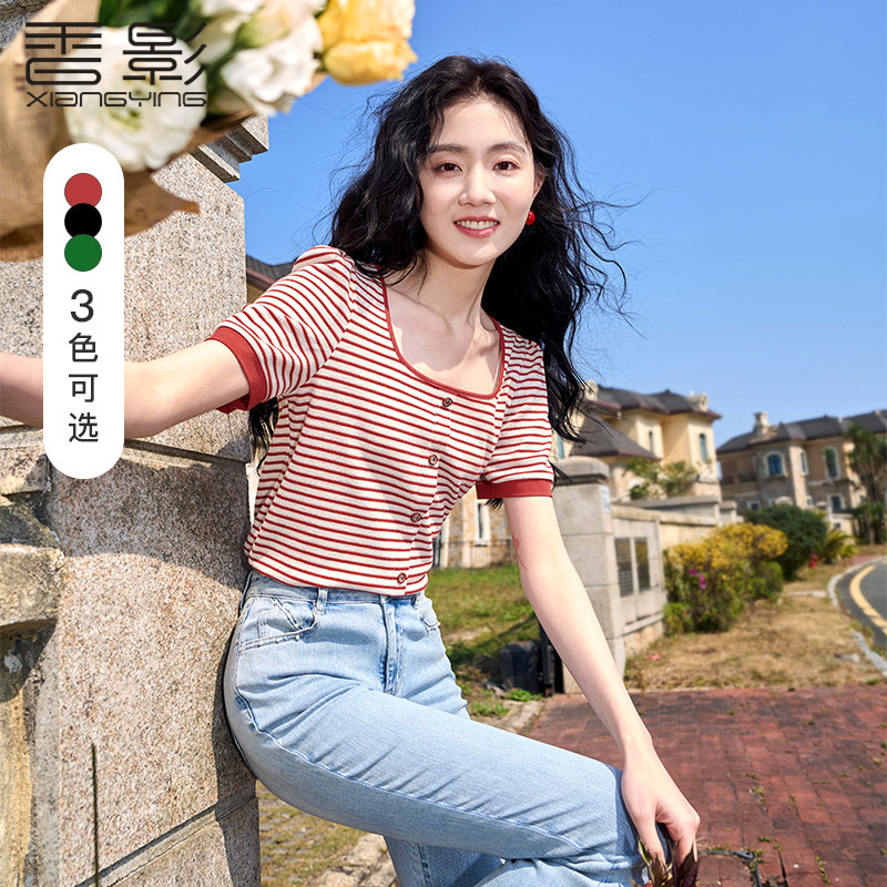 香影条纹t恤女夏季2025新款设计感小众显瘦红色方领正肩上衣短袖