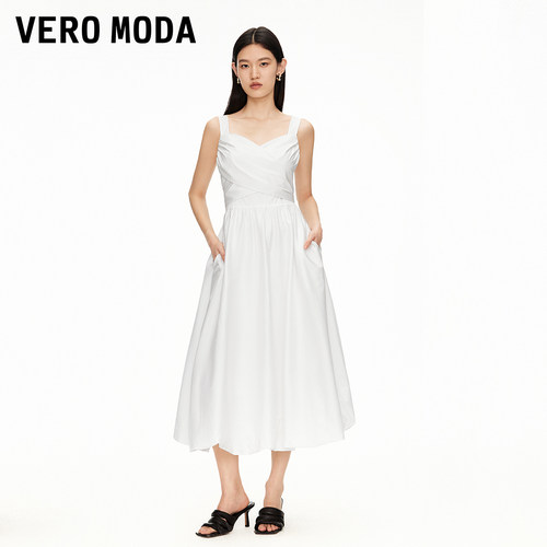 Vero Moda连衣裙夏季含棉交叉绑带立体捏褶花苞裙32527A053