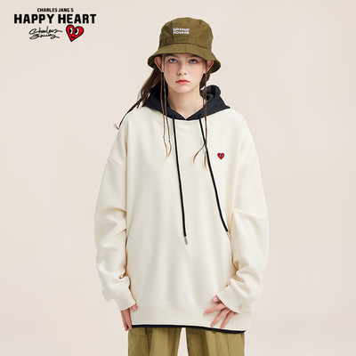 查尔斯桃心圆领拼接撞色带帽套头卫衣男女同款休闲上衣23828CH33074G
