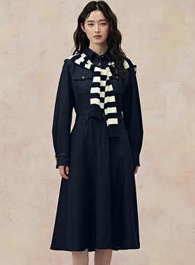 pit复古设计感法式收腰牛仔连衣裙女2024年秋装高腰显瘦长袖披肩连衣裙108A430287