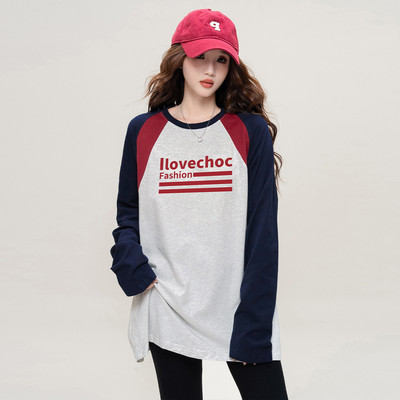 ILOVECHOC美式插肩袖拼色印花T恤2025秋长袖圆领休闲上衣宽松