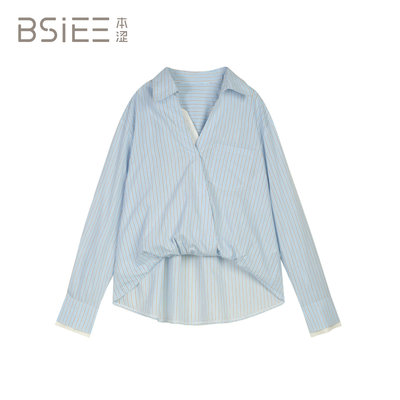 BSiEE本涩 翻领休闲风条纹 长袖衬衫