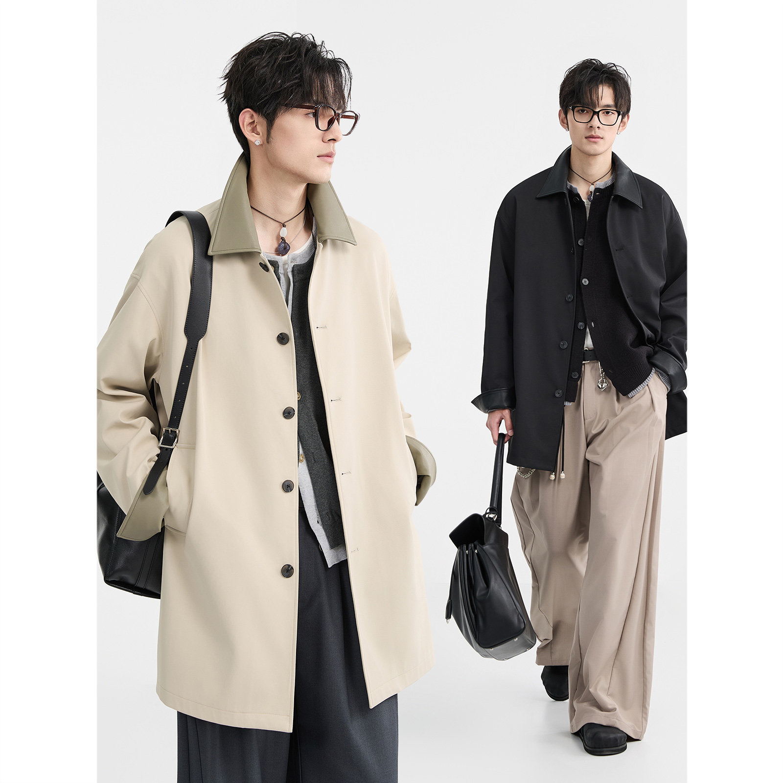 BJZE男装25春季款高级感pu皮拼接马肯翻领一手长风衣宽松中长外套