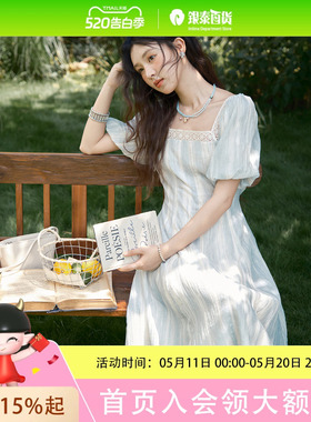 谜秀钩花蕾丝镂空连衣裙女2025夏季新甜美方领系带收腰中长款短袖MXE39L2403