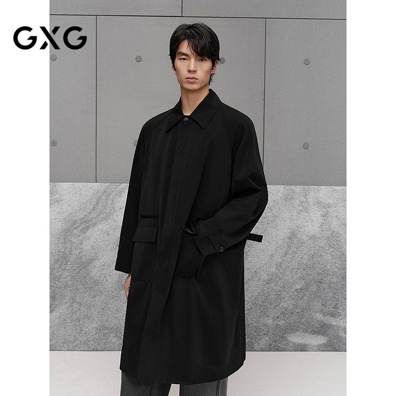 GXG男装黑色廓形长款风衣外套G25X083006