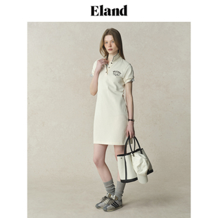 Eland衣恋连衣裙女polo领单色刺绣修身显瘦棉感裙子2025夏季EEOMF24E01