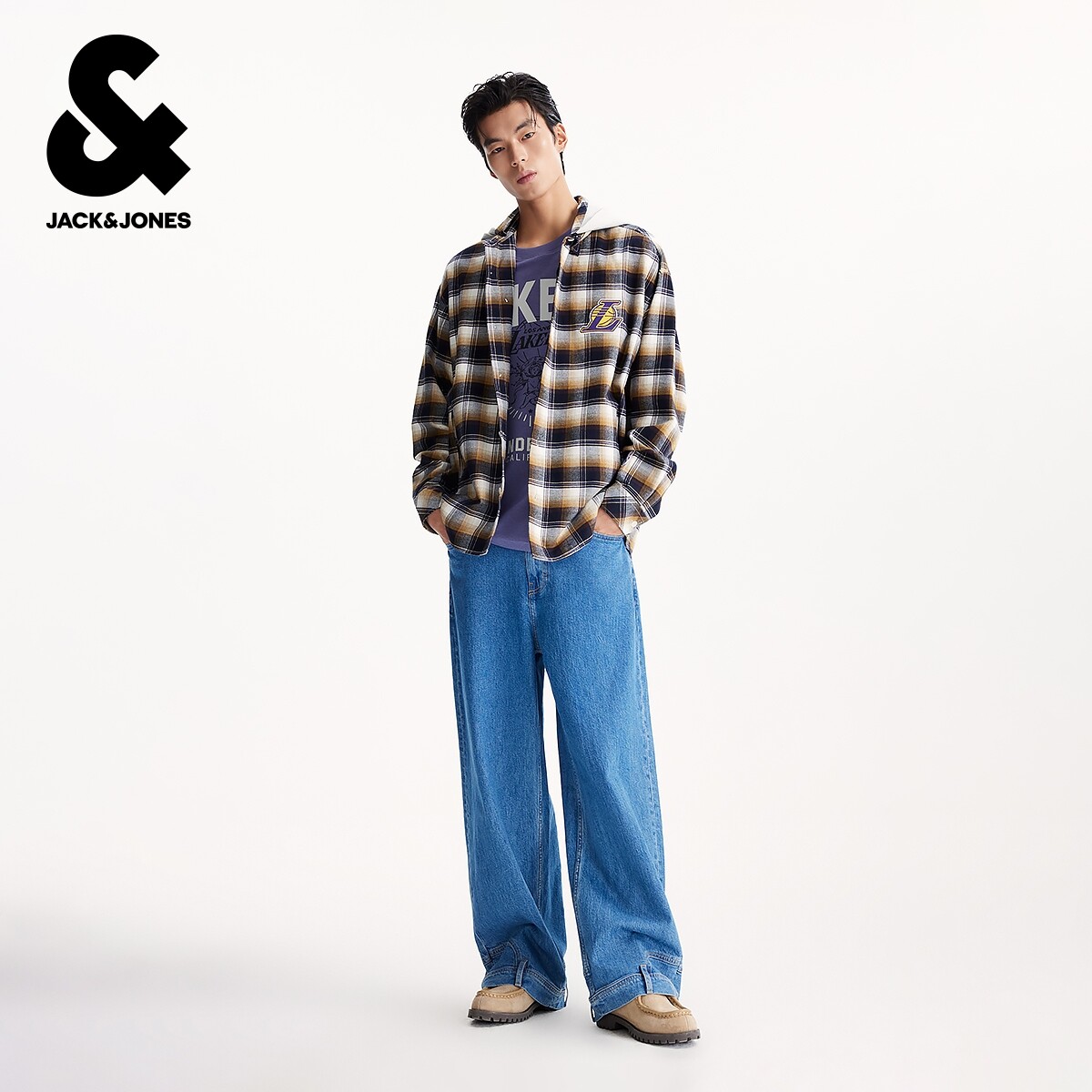 杰克琼斯秋季男装外套夹克衬衫上衣NBA联名格纹设计字母男款