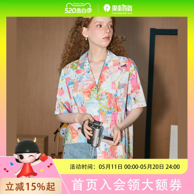 COOLHUT小众夏日复古油画印花休闲2025夏季女式衬衫宽松花衬衫设计感