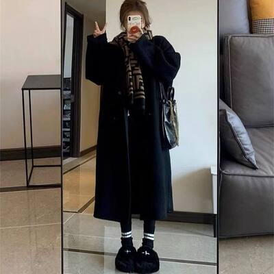 G&CITY高端双面大衣女中长款宽松过膝深灰色毛呢外套33FE182580