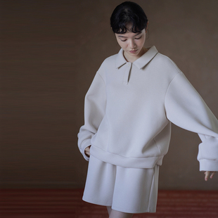 哈齿小姐 绵软暖糯卫衣套装宽松落肩Polo领显瘦上衣松紧高腰短裤
