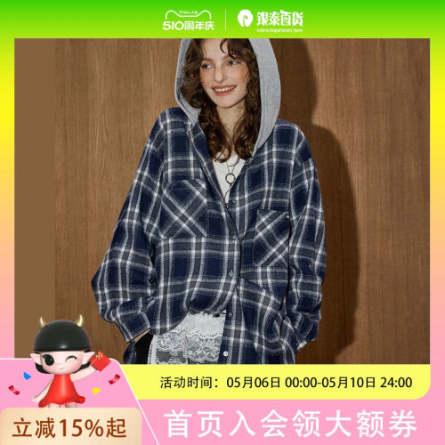 coolhut2025秋季设计感女式时尚美式复古宽松连帽格子短外套