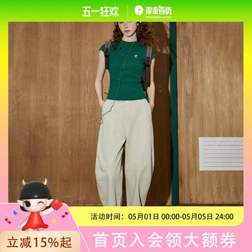 coolhut美式配色修身绿色圆领飞袖辣妹上衣短款2025夏季短袖T恤女