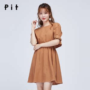pit女装泡泡袖复古甜美风收腰中长款连衣裙1149031201