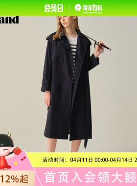 【100%棉】Eland衣恋风衣女英伦风双排扣外套2025秋季EEJTF49M01