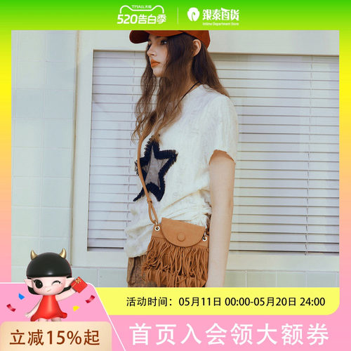 coolhut星星立体贴布宽松短袖设计感2025夏季女式T恤抽绳收褶
