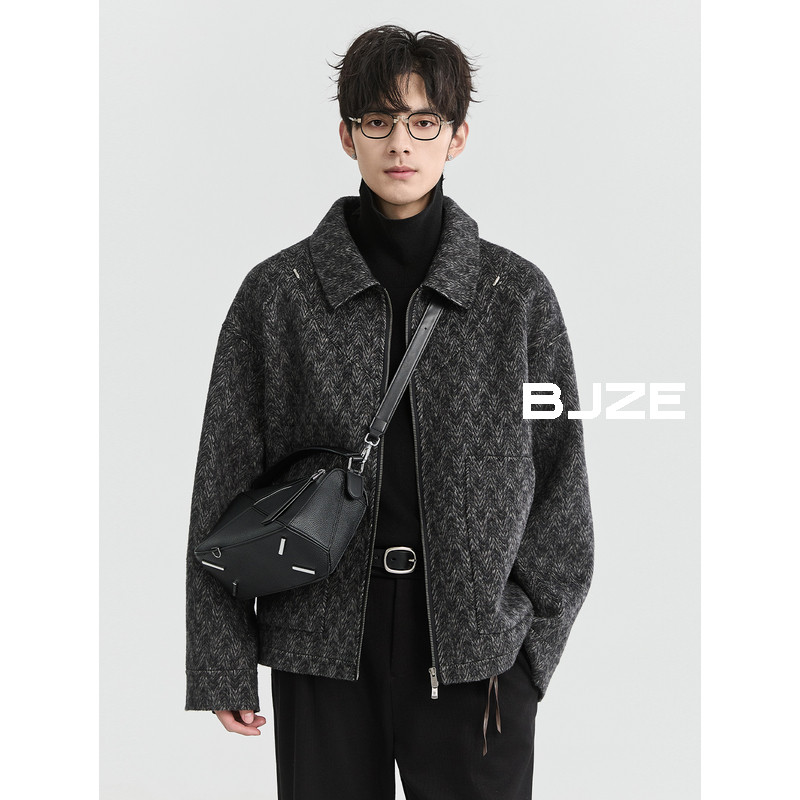 BJZE男装24秋冬季新款定织提花撞色双面羊毛呢夹克男短款拉链外套