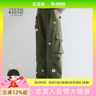 TeenieWeenie小熊女装休闲裤2025秋季新款立体花朵内磨毛工装长裤TTTC254VC2B