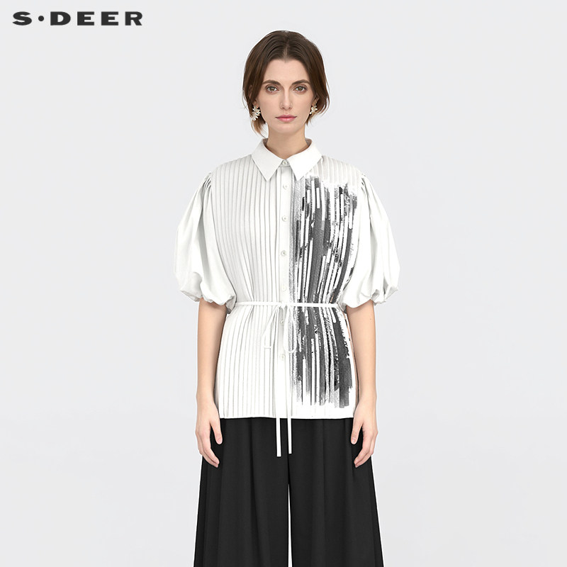 sdeer圣迪奥女翻领风琴褶收腰水墨晕染衬衫S25280401