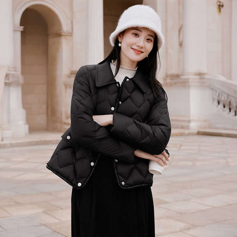 香影白色轻薄款小香风羽绒服女2025冬季新款90白鸭绒翻领短款外套