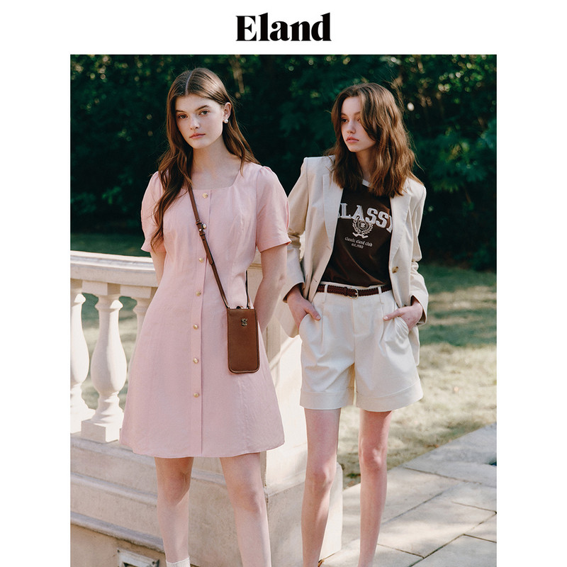 Eland衣恋连衣裙女方领泡泡袖A摆裙子春季
