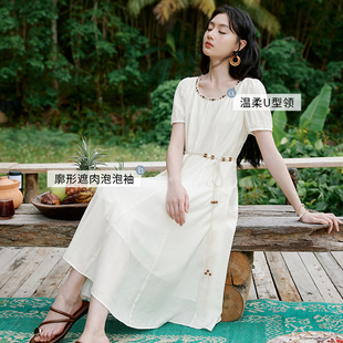 收腰裙子 含亚麻巨好看短袖 香影波西米亚白色连衣裙女2025夏季 新款