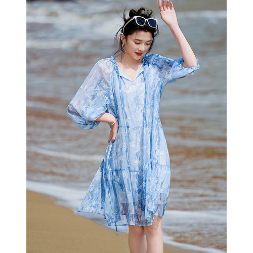 dme德玛纳【飘逸顺纡绉】夏季浪漫轻法式印花绑带宽松A字小个子女式连衣裙G540221548733