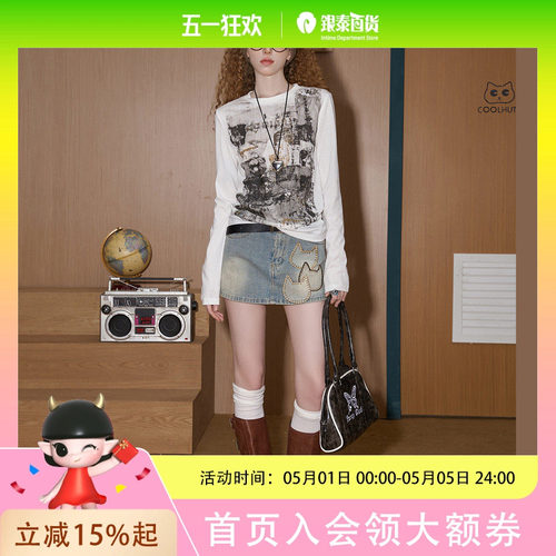 COOLHUT美式松弛感报纸印花长袖2025春季女式T恤小众字母内搭打底