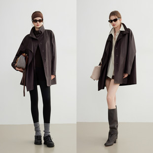 ELLE摩登高级感立领一手长风衣女2026春季肌理感廓形休闲上衣