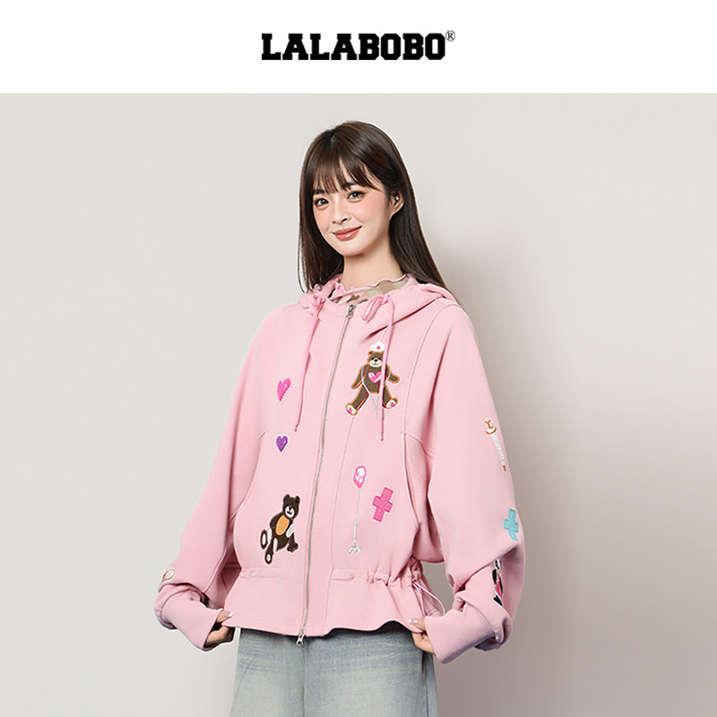 LALABOBO/抽绳收腰开襟连帽卫衣/LBEC-WSJW17