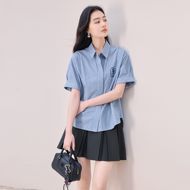 香影蓝色条纹衬衫女短袖2025夏装新款学院风jk衬衣翻领polo衫上衣