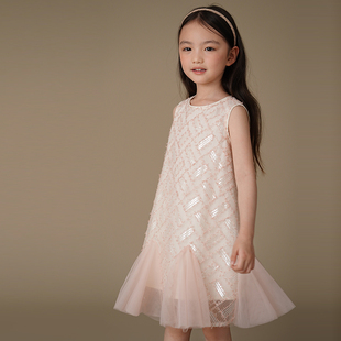 哈齿童装夏季儿童背心裙女童甜美粉色鱼尾裙女孩重工中长款连衣裙