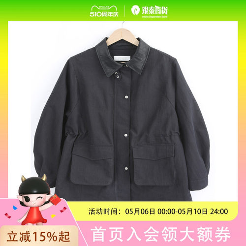 本涩女士气质简约时尚翻领腰抽绳外套F1598B03