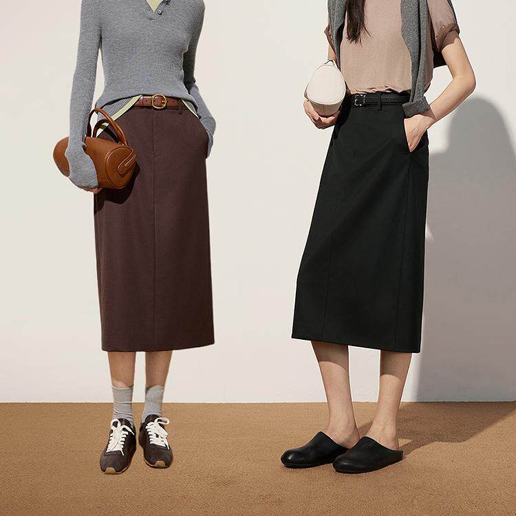 OCHIRLY欧时力 直筒半身裙中长款开衩通勤显瘦气质2025秋冬新品*